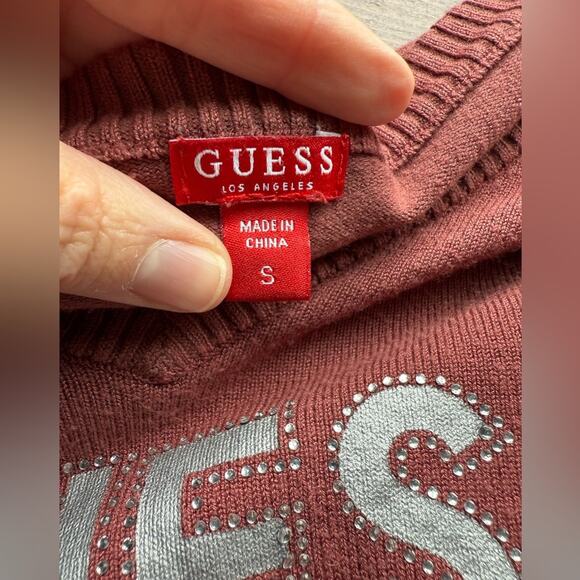 Guess Women's S Y2K Preppy Logo Silver Rhinestone V Neck Knit Pink Sweater - Picture 5 of 7